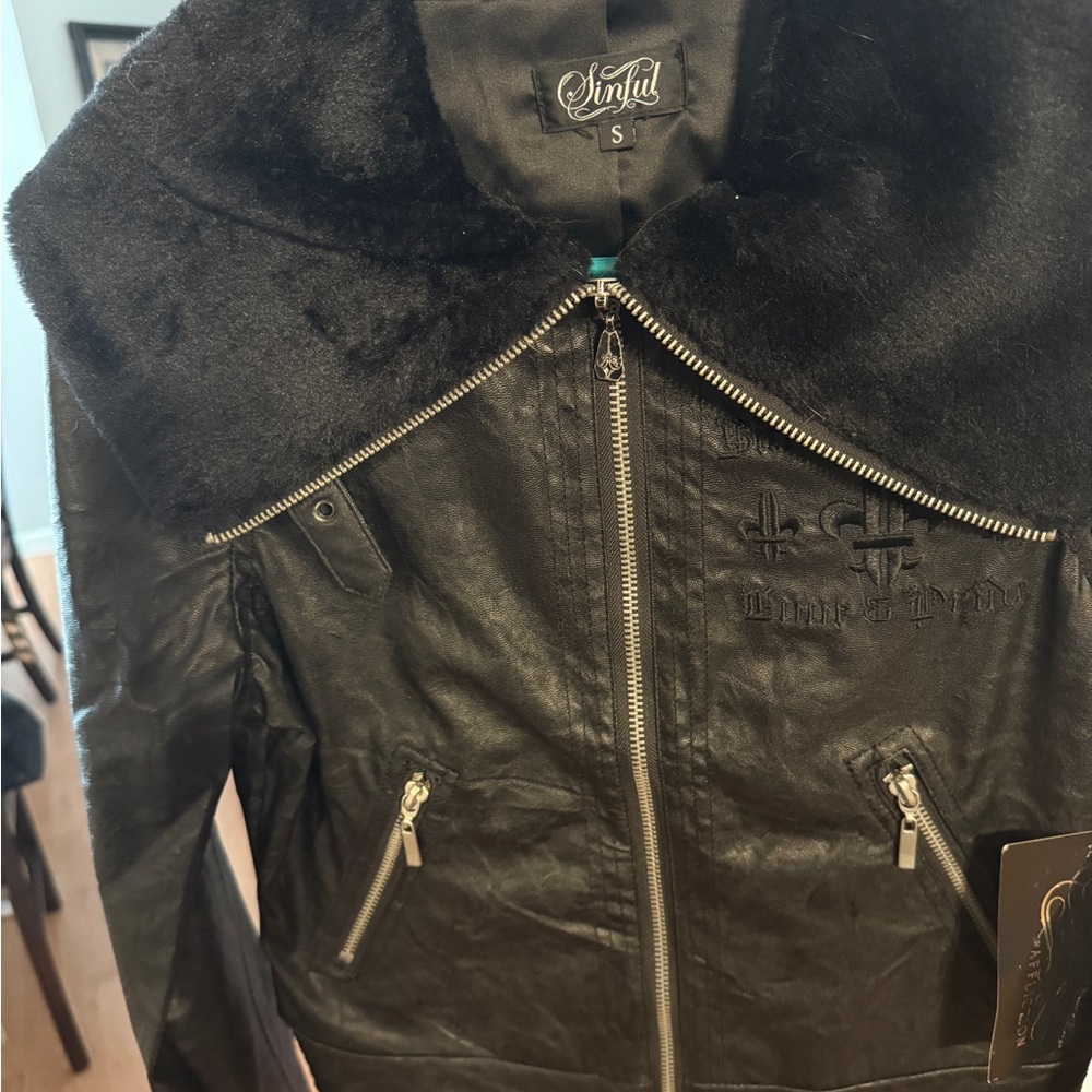 Sinful by affliction angel wings biker jacket with faux fur LE